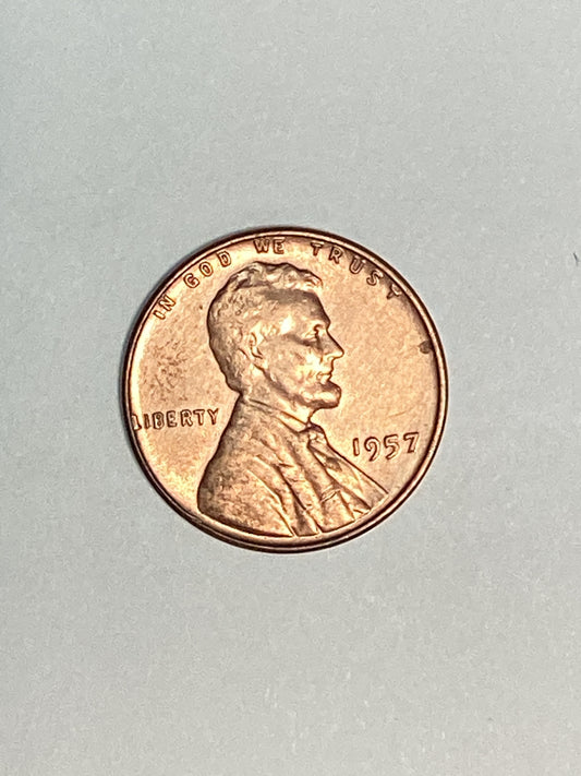 1957 Lincoln Wheat Cent About Uncirculated Coin Rim Error "L" (Liberty)